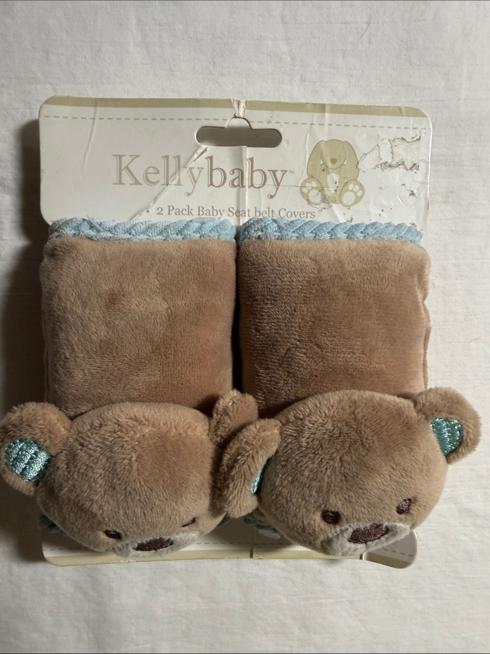 Plush Brown Bear Car Seat Belt Covers - Blue Trim (2 Pack)